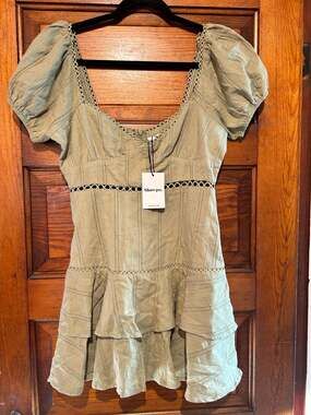 Showpo Leticia Eyelet Cut Out Tiered Mini Dress in Sage